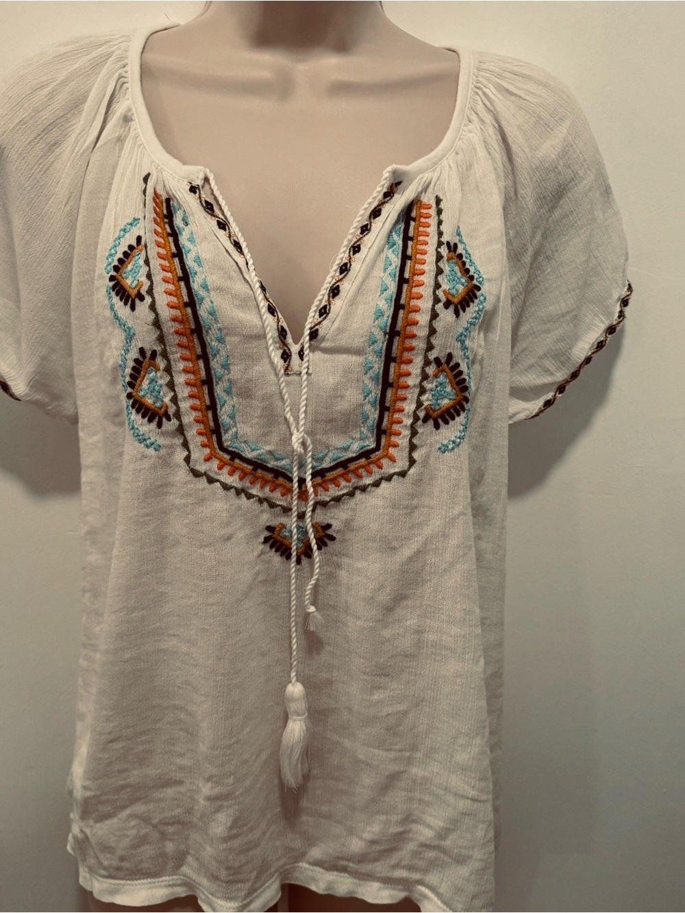Lucky Brand Cream Peasant Blouse with Turquoise and Rust Embroidery